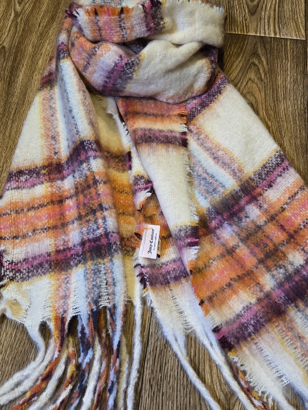 Juicy Couture Cream Plaid Fringe Scarf with Orange & Pink Accents